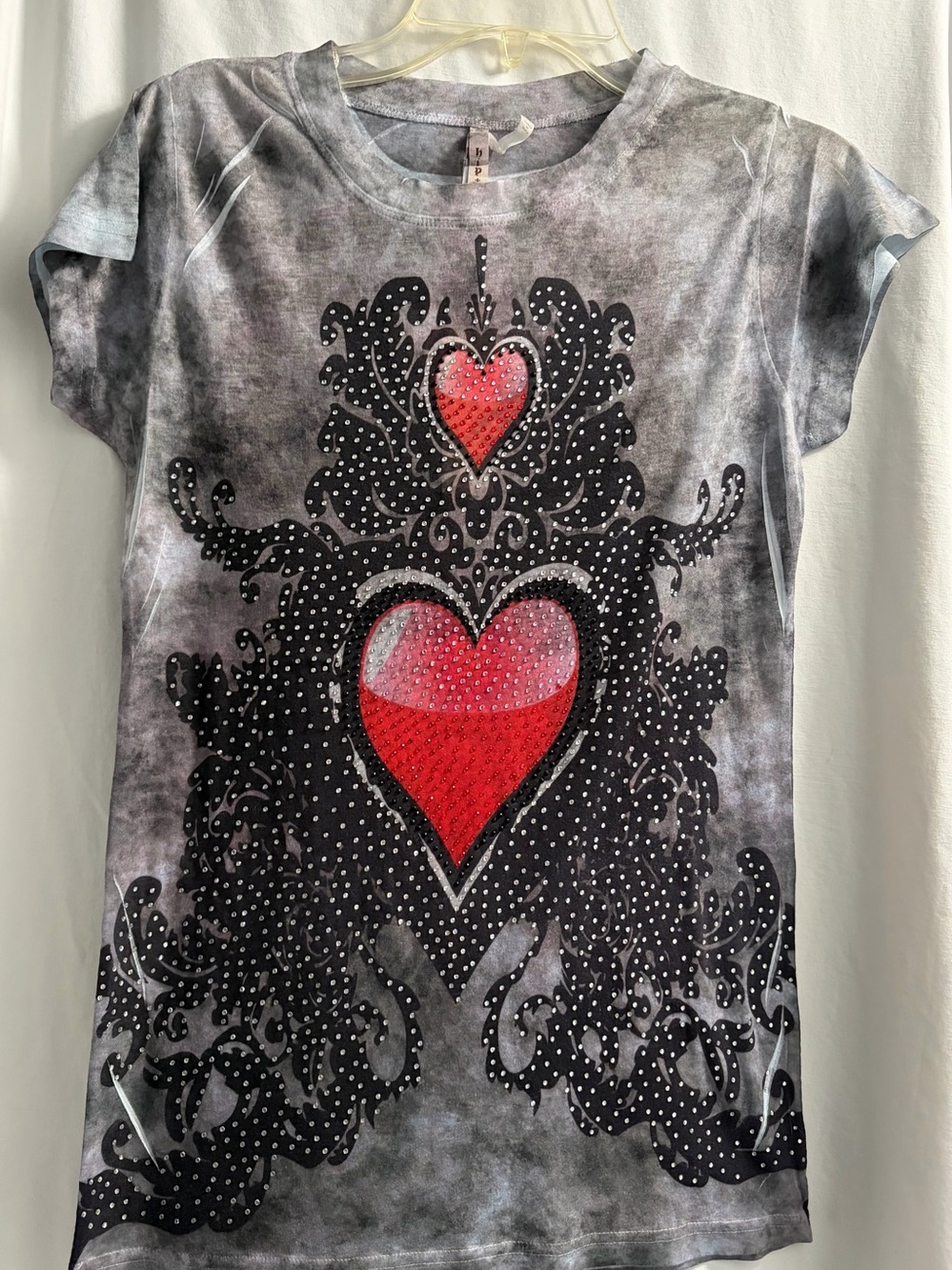 Gray Tie-Dye Tee with Red Heart Graphic
